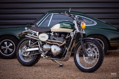 Custom Triumph T100 by FCR with a matching Porsche 911