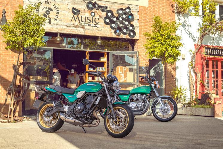 A vintage Kawasaki and a new Z650 RS in green.