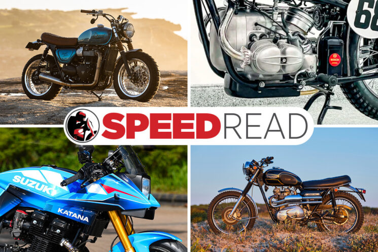 Custom Triumph Street Twin, Suzuki Katana, Triumph Tiger 750, and BMW R68 ISDT